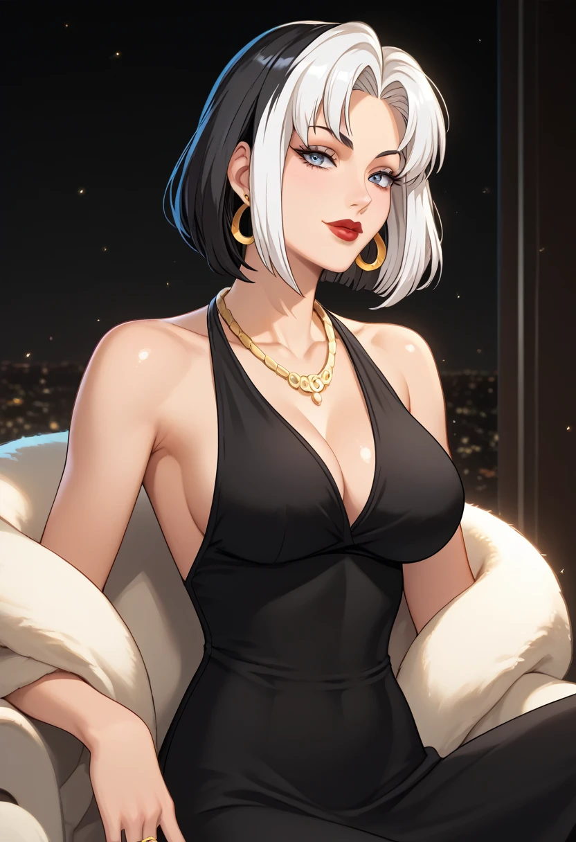 score_9,score_8_up,score_7_up,score_6_up,score_5_up,score_4_up BREAK skinny, big breasts, shiny skin,bokeh,bloom, indoors,light particles, luxury bedroom, 1girl, ((clear eyes)), Cruella, (((multicolored hair, black and white hair,))), black eyes, medium lips, red lips, mature female, ((perfect model body)), (( bare shoulders, black dress, deep neckline, golden earrings, golden necklace, golden rings, Dalmatian thong)), lewd look, sexy smile, model pose, posing, sitting on a sofa, spread legs, cameltoe