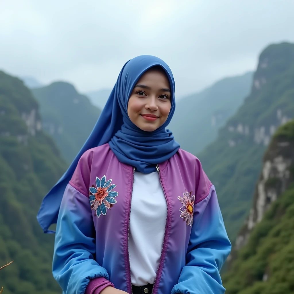 RAW, Best quality, high resolution, masterpiece: 1.3), beautiful Malay woman in hijab (iu:0.8),Best quality, high resolution, Masterpiece: 1.3, Beautiful hijabi malay girl, Masterpiece, Soft smile, bright sunshine, hiking clothes, pullover, long pants, highres,4k,HDR,1girl, photorealistic, realistic,sweat skin, wet clothes, wet body, big breast, ((full body))soaked, dripping, smiling at viewer, closeup,Malay girl in hijab outdoor mountaineering clothing、Wearing a knitted hat、, turtleneck,Snow-capped mountain climbing, beautiful scenery,