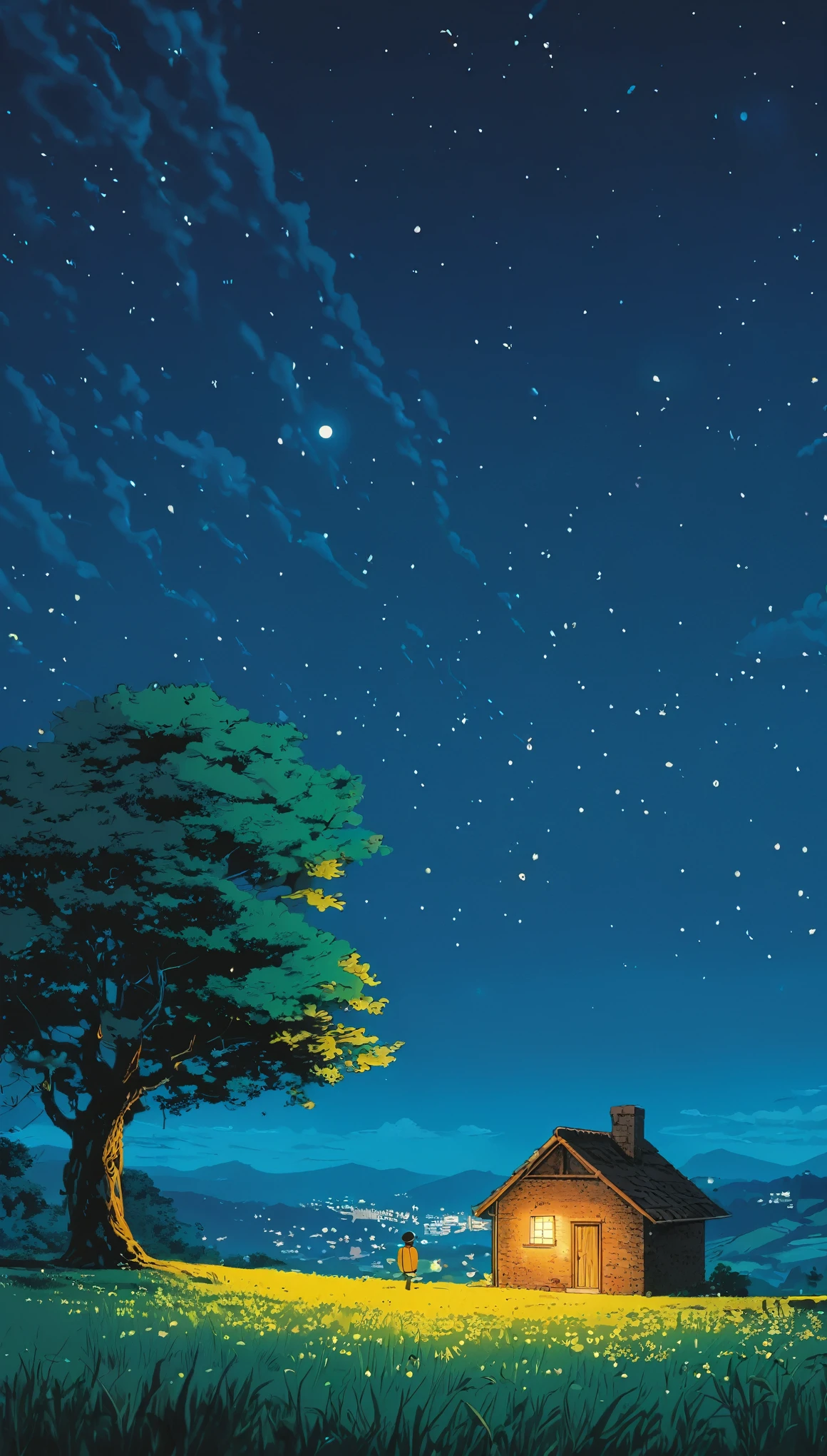 (Minimalism:1.4), Draw a simple Tintin style art, an old little brick hut under a lonely tree !!!,, lonely view from afar countryside night serene fireflies illumination dreamy vast sky amazing studio Ghibli, miyazaki, , Makoto Shinkai!!, anime movie background the best quality the best of SeaArt HD