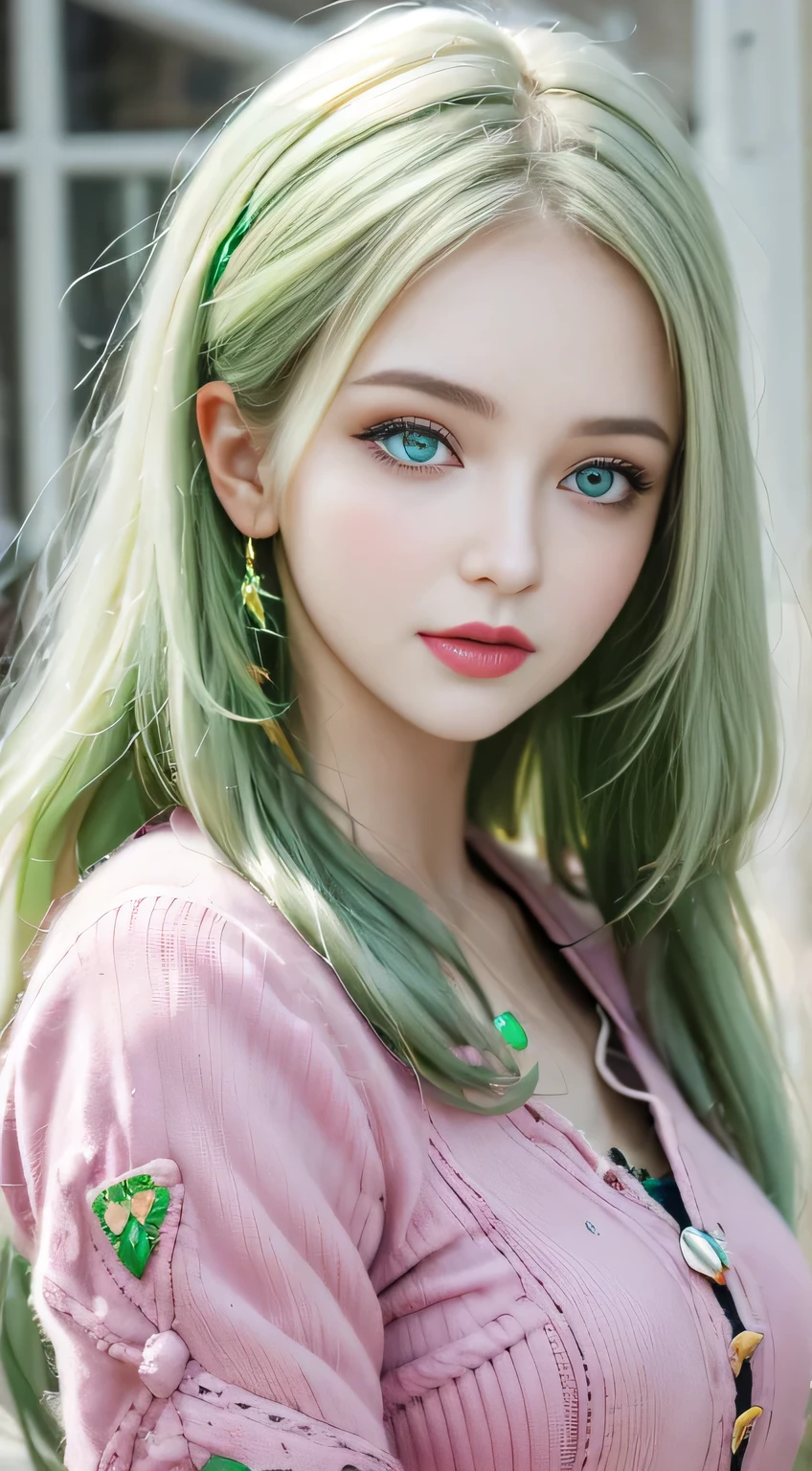 (Highest quality, Very detailed, Ultra-high resolution, 8K images), White Tone, green,Sexy Girl, White Curly Hair , big ,A sloppy smile