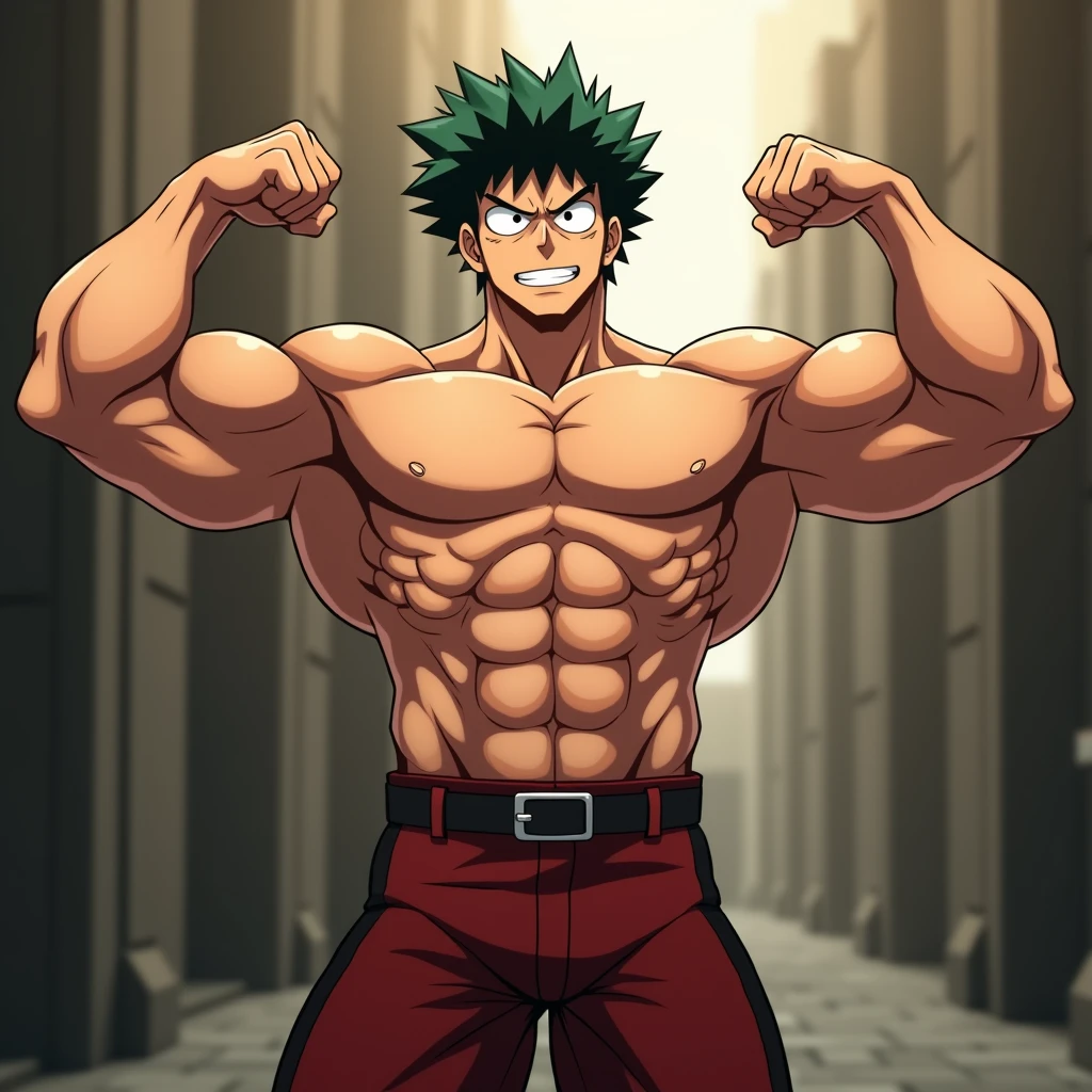 Midoriya from My Hero Academia as a hyper muscular hairy brainwashed morally corrupt thug shoving Bakugo's face into his armpit in an abandoned warehouse wearing full body black shiny rubber latex pants and vest brainwashing his former friend. Repeating mantras over and over again to turn Bakugo into another brainwashed thrall and affirm he is nothing more than obedient tool to the villains. Hyper muscles. Hyper crotch bulge. Massive swollen crotch. Massive swollen hairy pectorals. Thick glutes. Muscular thighs. Broad shoulders. Big traps. Massive biceps. Massive triceps. "Serve. Obey. Conform. Comply. Stare and let the hero die. You cannot think. Accept this fate. Become a thug. Assimilate. At villain's side and beck and call, a selfish brute, an evil thrall. That's all you are, with but one creed, to serve and satisfy your greed. To rob and steal and cheat in kind will feel so good to changing mind. All morals will be blown away as arrogance comes into play. And brute force will supplant the meek the more the dumb thugs crush the weak. No need to think. Just stare and obey. Grow bigger and dumber every day. The longer you watch, the weaker your brain. The deeper the thug will be engrained. There's nowhere to run. You can't get away. The villainous thug is here to stay. All For One, you must obey." IQ drain. hypnosis. Hypnotic trance. Hypnotized. Brainwashing. Entranced. Enthralled. Dumber and dumber. Programming. Subliminals. Conformity. Assimilation. Green hair. Dim eyes. Open mouth. Brainless. Mindless. Mental reprogramming. Nullified hyper swollen crotch bulge. Bara. Hairy arms. Hair chest. Thick stubble. Treasure trail. Armpit hair. Brute. Blank stare. Open mouth. Sneering. Corruption. Restraining Bakugo.