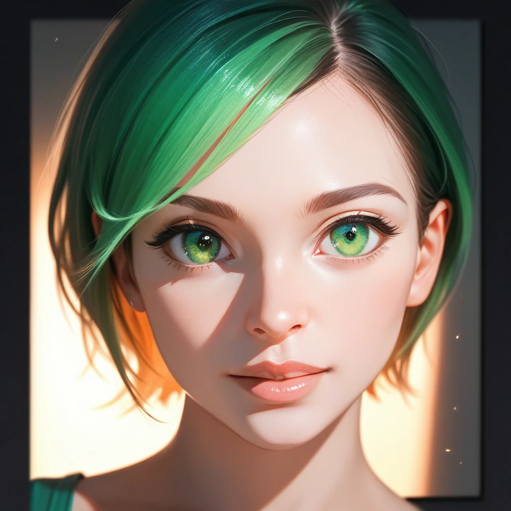 Une fille de environ avec des cheveux longs noir et des yeux vert et une grosse poitrine