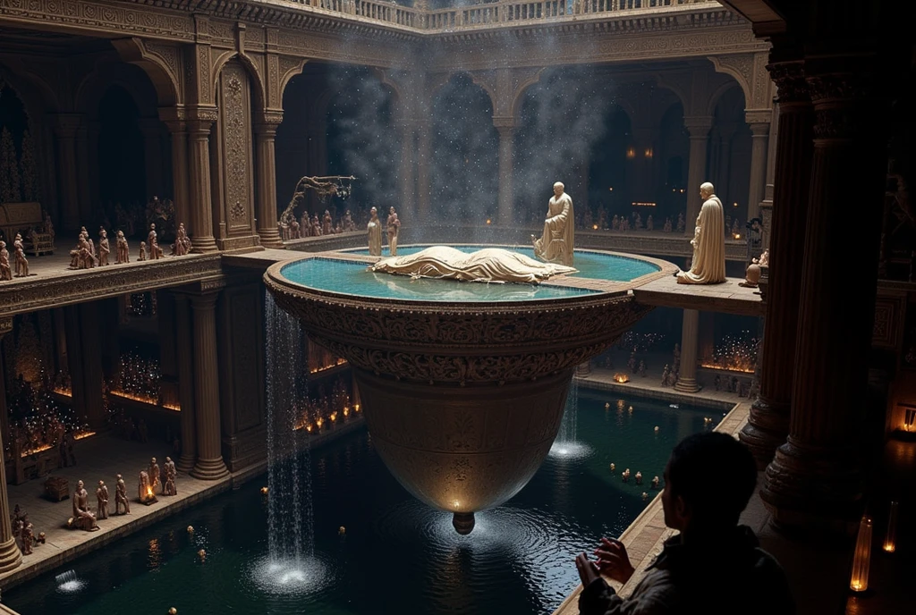 In the soft, ethereal glow of the moonlight, an ancient South Indian bathhouse reveals its grandeur, nestled deep within the heart of a massive palace. This multi-layered bathhouse, inspired by the architecture of ancient Indian stepwells, is a marvel of intricate design and serene beauty.

The upper pool, suspended high above the ground, is the centerpiece of this celestial oasis. Crafted from transparent crystal or glass, the pool glows faintly under the moonlight, its surface reflecting the stars above. Elegant pillars rise from the floor to support this upper pool, each pillar carved with ornate patterns, deities, and symbols from South Indian mythology. In the center of this pool is a luxurious bed resting on a raised stone platform, draped in delicate silks and surrounded by small floating candles. This bed, bathed in moonlight, is a tranquil haven that seems to float atop the water, inviting relaxation in this heavenly setting.

Below the upper pool lies the vast lower pool, whose edges are lined with a series of small temples and stone shrines. Surrounding the pool are graceful arched bridges that span over cascading waterfalls, the sound of rushing water filling the air with a sense of timeless peace. The waterfalls pour into the pool from multiple levels, creating an ever-flowing, vibrant scene, while fountains in the middle of the pool gently spray water into the air, their rhythmic splashes adding to the harmonious atmosphere. The pool itself is vast and serene, like a reflective mirror under the night sky.

The entire bathhouse is illuminated by hundreds of small, twinkling oil lamps, placed strategically along the carved ledges, temple walls, and floating gently on the water. These lamps glow like stars, casting a warm golden light that dances across the water's surface, creating a mystical, celestial atmosphere. The architecture, inspired by ancient Indian stepwells, showcases intricate stone carvings and deep layers of staircases leading down to the 