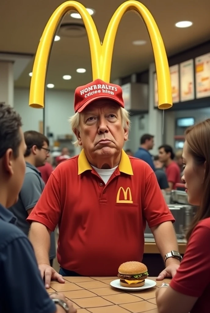 (Photorealistic) donald trump, working in a mcdonalds fast food restaurant, wearing a mcdonalds uniform, serving a burger