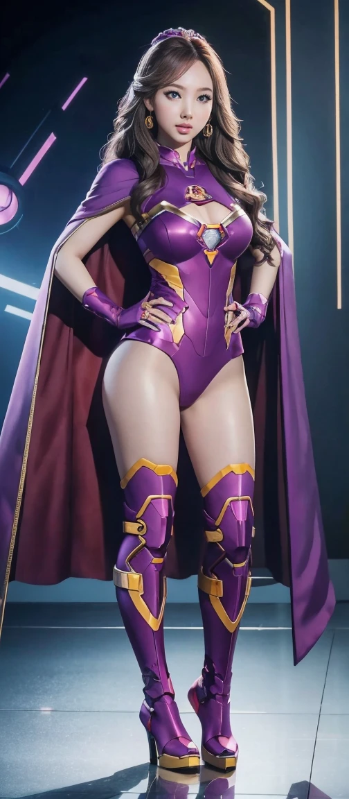 Accurate. Full Body Photo. Studio Background. 8k HD good quality image. Nayeon has an ideal body, big breast, big butt, sexy wavy body, straight long hair, wearing a Full Purple Iron Man suit from top to bottom without the helmet. Purple Iron Man boots. Purple cape. FULL BODY FROM HEAD TO TOE. Standing in a FULL HEIGHT FROM HEAD TO TOE. The picture must show a complete head to toe picture of Nayeon