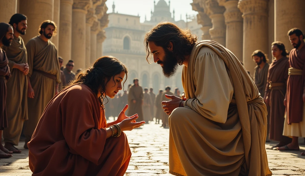 "An intense scene in the courtyard of the temple in Jerusalem, com jesus em pé entre a mulher adúltera e seus acusadores. The woman, on your knees on the floor, is visibly scared and embarrassed, with his face partially covered by his hands. Ela veste roupas simples, torn and dirty, reflecting his humiliation. Ao redor dela, the accusers, men with stern expressions and full of indignation, hold stones in their hands, ready to launch. jesus, calm and compassionate, is inclined, writing something on the floor with your finger. His gaze is firm, but full of mercy, as he prepares to deliver his disarming words: 'He who is without sin among you, be the first to throw a stone at her.'The tension in the air is palpable, and the soft light of dawn begins to illuminate the scene, symbolizing the hope and grace that is about to be revealed."