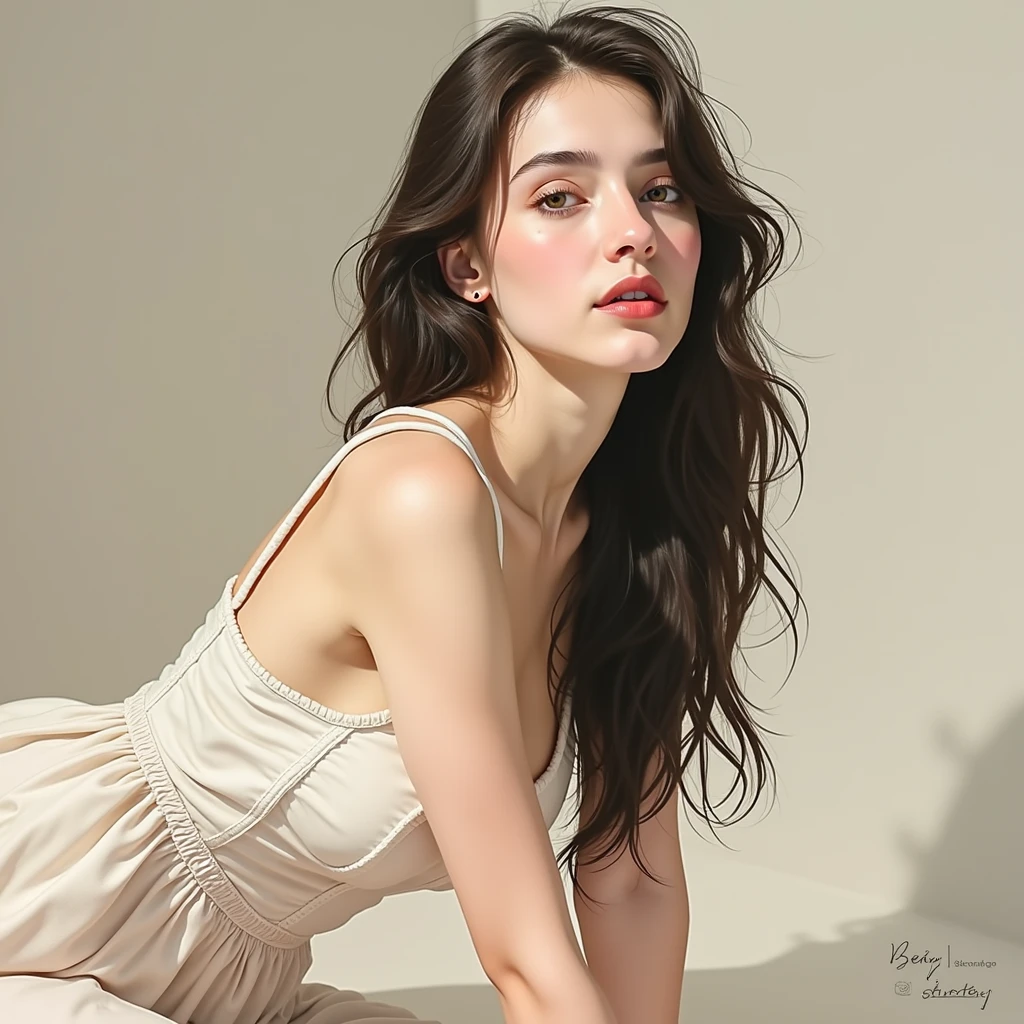 ((fully legal)),  16-year-old (anorexic skinny: 1.0) actress and dancer (fully nude: 2.0) teenaged-Rita Hayworth-lookalike-girl, shy, surprised embarrassed expression, (long elegant pose), ((very long curly light brown hair: 1.8)), (blushing red cheeks: 1.8), (flushed red chest: 1.8), ((sweaty glistening skin: 1.5)), ((flushed and red from her dancing: 1.5)), ((totally nude)), ((she’s 5 feet 6 inches tall and 100 pounds, BMI 18, very high-waisted and skinny and muscular without much body-fat, very long-legged with long skinny arms, she’s still teenaged skinny and girlish, a coltish dancer body, 33A-24-33, (long skinny muscular limbs:1.0), (big round gastrocnemius calf muscles: 1.1), (skinnny defined biceps: 1.1), (strong round gluteus maximus: 1.2), round strong ass, (looking at the camera), (kissing the camera), (flirting with the camera: 1.8), ((long curly dark brown hair: 1.5)), ((fully nude)), ((dark brown pubic hair: 1.5)), ((posed lying on an large white canvas lounge chair: 1.5)), vintage 1940s era retro Vargas-style pin-up illustration, (dark gray, red, black and white color scheme), darkened dance studio, a dark black background, masterpiece, highest quality illustration, 8k, she’s in a spotlight,