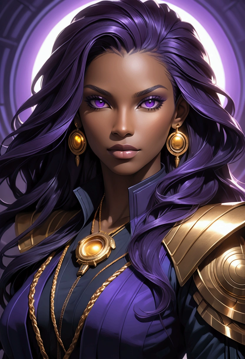 An (African-American) female, with dark (black dreadlocks), purple eyes, dark (brown skin), (pointed ears), (slutty assassin), (sexy) black armor, (lust) demon, (Sci-fi) fantasy, (close-up shot), perfect composition, hyper-detailed, 8K, high quality, (perfect eyes), trending art, sharp focus, studio photo, intricate details, (Pin-up) pose