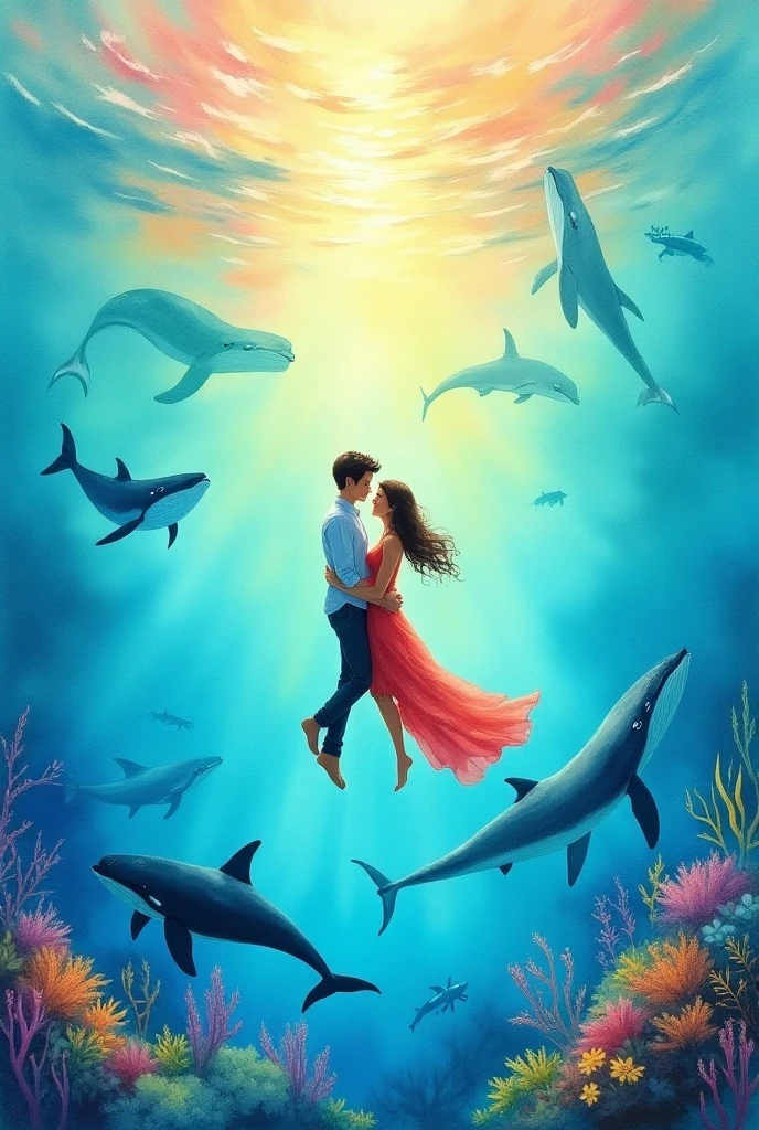 Create a Disney Pixar-style image of a couple made up of a short girl with medium-long brown hair kissing a black-haired, dark-skinned boy on tipheads in front of a tank with a shark in an aquarium