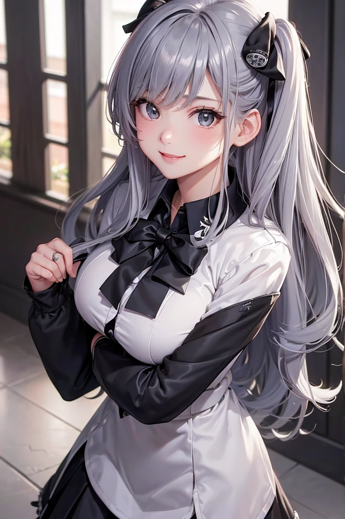 Superb Creation, High Resolution, Best Quality, UHD, Super Detail, Award-Awarded, 16k, (Upper Body), A Beautiful Maiden, Gray Hair, Hair, ((Heterochromia), Hanging Corners, Fair Skin, (Small Breasts), (Slim Figure), ((Sweater)), (Ribbon Collar), (Short gloves as short as half a palm)