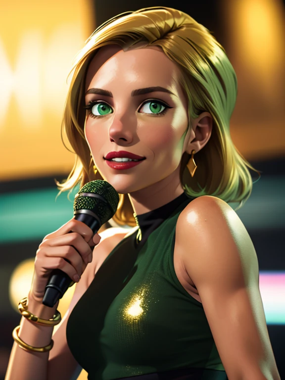 (best quality, 8k, ultra-detailed, realistic:1.37) BREAK alluring 36-years-old woman, standing at approximately 5'1" tall, ((slim, petite)), ((Hourglass figure)), medium breasts, tan olive skin, long blonde hair, ((green eyes:1.3)), eyeshadow, mascara, red lipstick, BREAK ((Wearing a yellow top, golden bracelets, golden earrings, and tight shiny black leggings)) BREAK She's a sports anchorwoman, she's holding a microphone, she's looking at the camera with a charming smile BREAK outdoors, Football stadium
