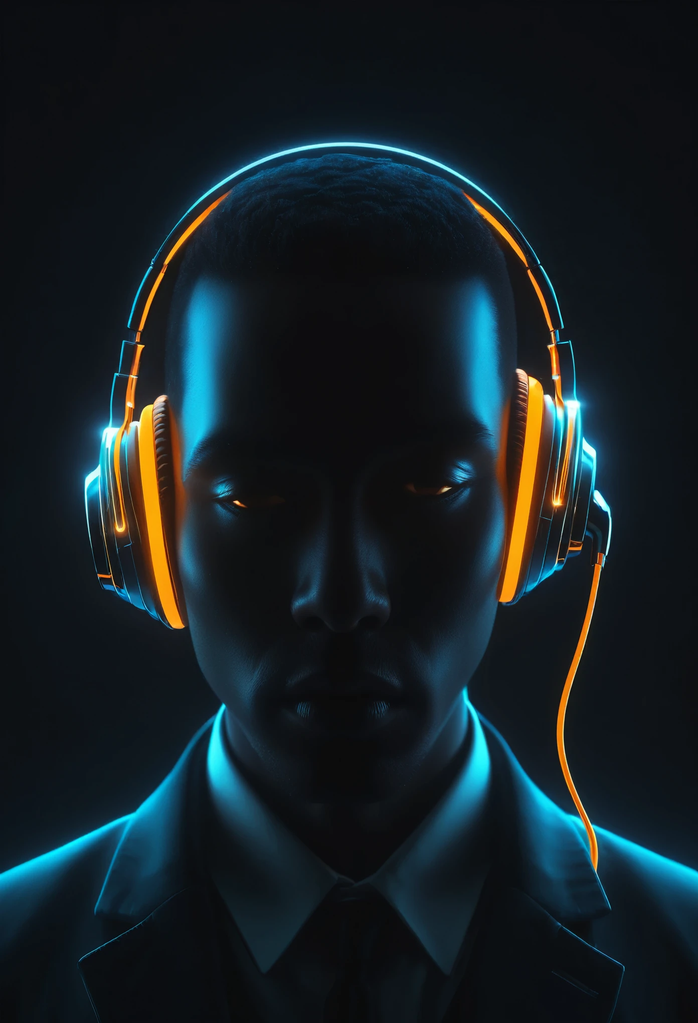 shawt in a Futuristic audio visualization, glowing orange headphones, abstract human silhouette, dark background, neon sound waves, digital art, cyberpunk aesthetic, 3D render, high contrast, symmetrical composition, sleek design, immersive audio experience, vibrant energy lines, pulsating rhythm, sci-fi mood, hyper-realistic detail, volumetric lighting, cinematic atmosphere, electronic music concept
