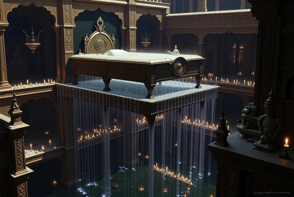 In the soft, ethereal glow of the moonlight, an ancient South Indian bathhouse reveals its grandeur, nestled deep within the heart of a massive palace. This multi-layered bathhouse, inspired by the architecture of ancient Indian stepwells, is a marvel of intricate design and serene beauty.

The upper pool, suspended high above the ground, is the centerpiece of this celestial oasis. Crafted from transparent crystal or glass, the pool glows faintly under the moonlight, its surface reflecting the stars above. Elegant pillars rise from the floor to support this upper pool, each pillar carved with ornate patterns, deities, and symbols from South Indian mythology. In the center of this pool is a luxurious bed resting on a raised stone platform, draped in delicate silks and surrounded by small floating candles. This bed, bathed in moonlight, is a tranquil haven that seems to float atop the water, inviting relaxation in this heavenly setting.

Below the upper pool lies the vast lower pool, whose edges are lined with a series of small temples and stone shrines. Surrounding the pool are graceful arched bridges that span over cascading waterfalls, the sound of rushing water filling the air with a sense of timeless peace. The waterfalls pour into the pool from multiple levels, creating an ever-flowing, vibrant scene, while fountains in the middle of the pool gently spray water into the air, their rhythmic splashes adding to the harmonious atmosphere. The pool itself is vast and serene, like a reflective mirror under the night sky.

The entire bathhouse is illuminated by hundreds of small, twinkling oil lamps, placed strategically along the carved ledges, temple walls, and floating gently on the water. These lamps glow like stars, casting a warm golden light that dances across the water's surface, creating a mystical, celestial atmosphere. The architecture, inspired by ancient Indian stepwells, showcases intricate stone carvings and deep layers of staircases leading down to the 