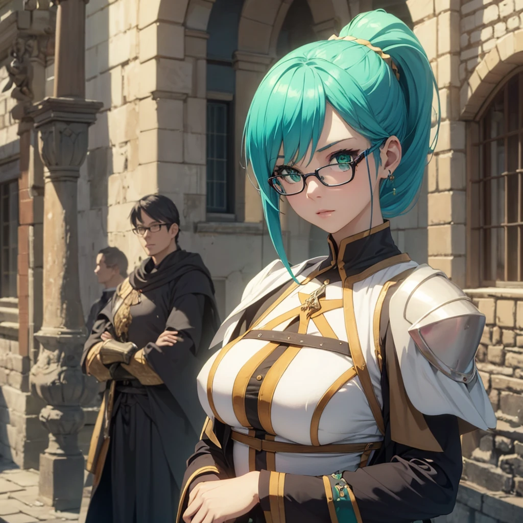 High resolution, create a girl like "Darkness" with blue hair and green eyes, ponytail, her hair covers her human ears, big tits, good body, wears glasses, dressed in medieval clothes, background an ancient medieval city