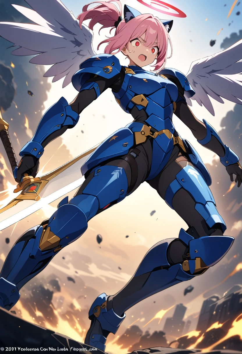 1 super cute wear origami gundam armor, smile, ready for battle, carry ultra large cyber blade, looking at camera