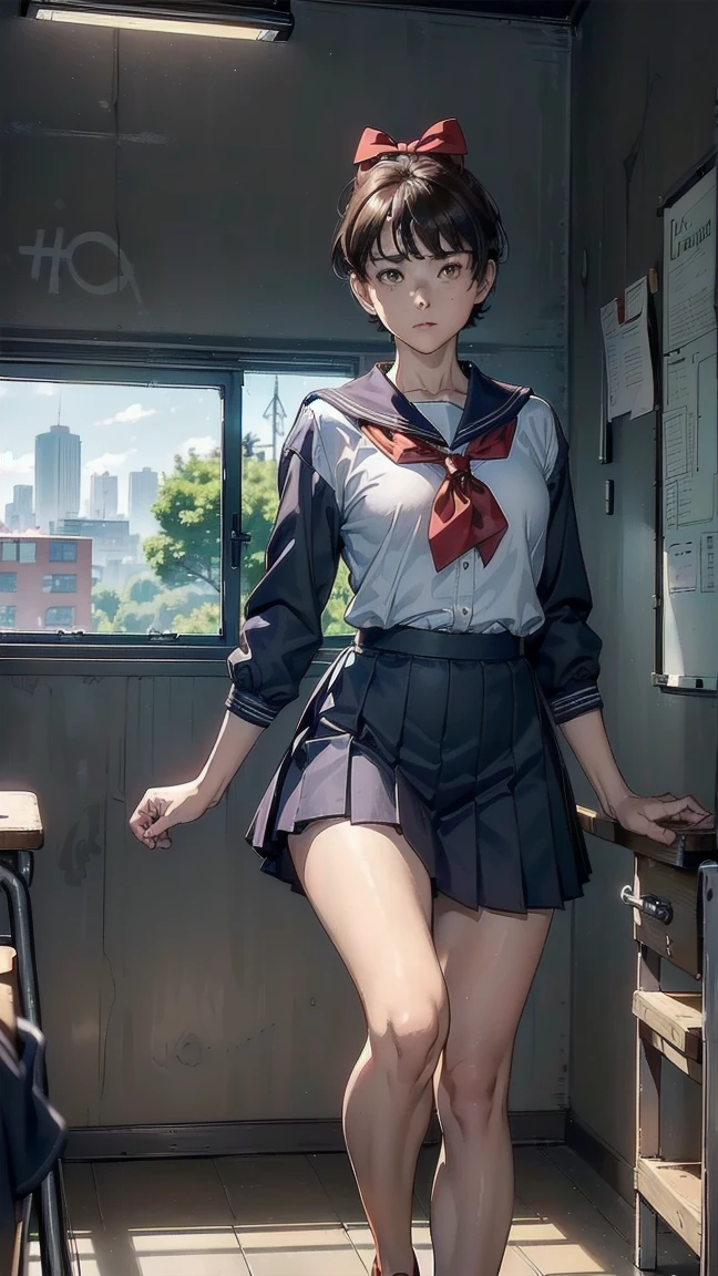 ((top quality, ultra-detailed, high resolution, extremely detailed CG, unity 8k wallpaper, by famous artist, perfect anatomy, super detailed skin, cinematic lighting, UHD, retina, anatomically correct, 1080P)), (Please draw a single one happy girl walking in a classroom school:1.3), a junior high school student, ((cute petit girl, chibi, babyface)) androgynous charm, ((1girl)), (( face:2.0), smile, ((Kiki)), ((short hair)), ((brown hair)), ((black eyes)), ((hair bow)), ((black dress)), ((brown footwear)), ((very thin legs)), ((skinny legs, thin body, small build)), Full limbs, complete fingers, ((perfect fingers and hands)), flat chest, small breasts, ((ish body:1.3)), small butt, groin, ((sailor school uniform)), ((blue skirt)). ((white blouse)), ((red bow on the blouse)), ((blue sailor collar)), short sleeves, stockings, socks outlined with black stripe, shoes, (Detailed Lighting), ((classroom background)), (Detailed scenary background), ((in the school zone)), full body view, ((standing)), legs. Cute, kawaii single girl (one girl), full body shot. ((Background is the school)), front body, ((A natural, correctly proportioned hands)), ((ren:1.3))