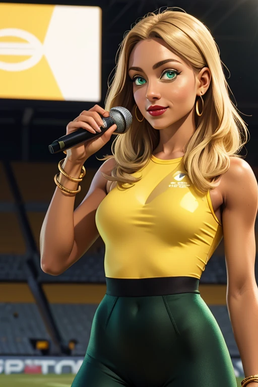 (best quality, 8k, ultra-detailed, realistic:1.37) BREAK alluring 36-years-old woman, standing at approximately 5'1" tall, ((slim, petite)), ((Hourglass figure)), medium breasts, tan olive skin, long blonde hair, ((green eyes:1.3)), eyeshadow, mascara, red lipstick, BREAK ((Wearing a yellow top, golden bracelets, golden earrings, and tight shiny black leggings)) BREAK She's a sports anchorwoman, she's holding a microphone, she's looking at the camera with a charming smile BREAK outdoors, Football stadium
