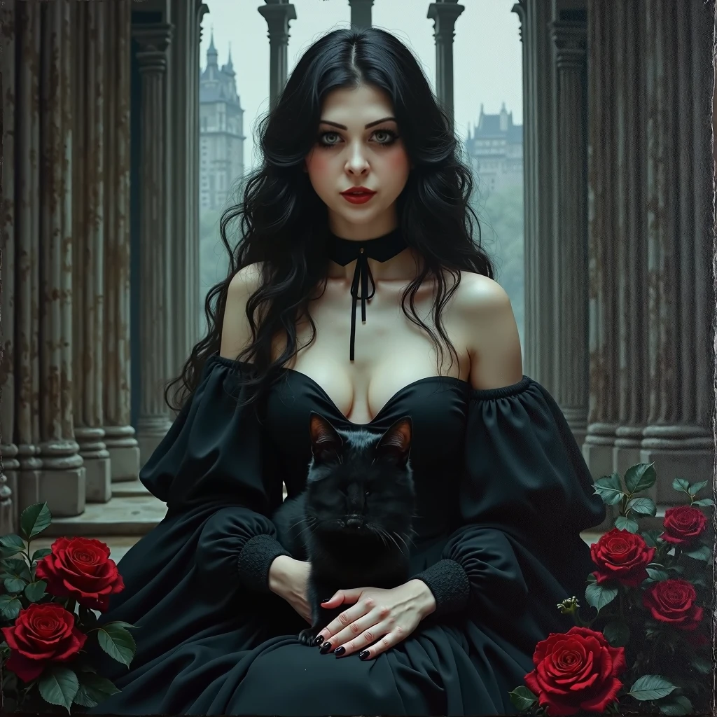 a cute Yuna in cosplay as Morticia Adams, beautiful detailed eyes, beautiful detailed lips, extremely detailed eyes and face, long eyelashes, slinky black dress, deep v down middle, deep thigh slits, sultry pose, holding a black rose, 8k, best quality, high resolution, masterpiece, ultra-detailed, realistic, photorealistic, HDR, studio lighting, extreme detail description, vivid colors, dark gothic, chiaroscuro lighting, moody atmosphere, dramatic lighting
