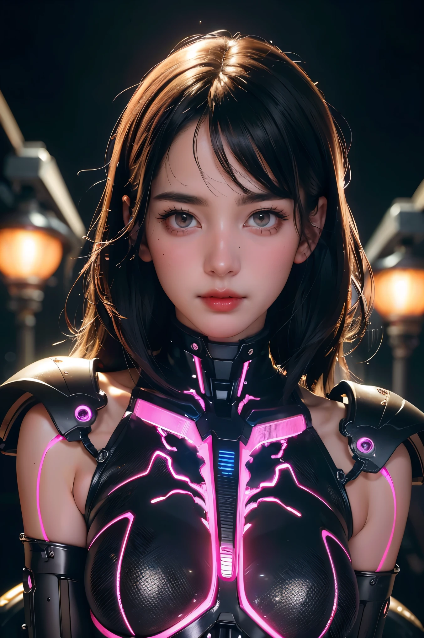 Top Quality, Masterpiece, Ultra High Resolution, (Photorealistic: 1.4), Raw Photo, 1 Girl, Black Hair, Glossy Skin, 1 Mechanical Girl, (Ultra Realistic Detail)), Portrait, Global Illumination, Shadows, Octane Rendering, 8K, Ultra Sharp, Big, Cleavage Exposed Raw Skin, Metal, Intricate Ornament Details, Korea Details, sexy, Very intricate details, realistic light, CGSoation trend, purple eyes, glowing eyes, facing the camera, neon details, mechanical limbs, blood vessels connected to the tube, mechanical vertebrae attached to the back, mechanical cervical attachment to the neck, wires and cables connecting to the head, gundam, small LED lamps, pet viewers