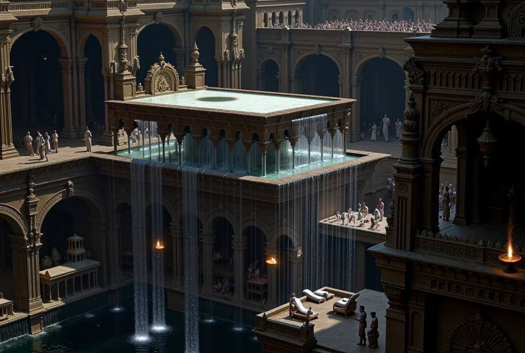 In the soft, ethereal glow of the moonlight, an ancient South Indian bathhouse reveals its grandeur, nestled deep within the heart of a massive palace. This multi-layered bathhouse, inspired by the architecture of ancient Indian stepwells, is a marvel of intricate design and serene beauty.

The upper pool, suspended high above the ground, is the centerpiece of this celestial oasis. Crafted from transparent crystal or glass, the pool glows faintly under the moonlight, its surface reflecting the stars above. Elegant pillars rise from the floor to support this upper pool, each pillar carved with ornate patterns, deities, and symbols from South Indian mythology. In the center of this pool is a luxurious bed resting on a raised stone platform, draped in delicate silks and surrounded by small floating candles. This bed, bathed in moonlight, is a tranquil haven that seems to float atop the water, inviting relaxation in this heavenly setting.

Below the upper pool lies the vast lower pool, whose edges are lined with a series of small temples and stone shrines. Surrounding the pool are graceful arched bridges that span over cascading waterfalls, the sound of rushing water filling the air with a sense of timeless peace. The waterfalls pour into the pool from multiple levels, creating an ever-flowing, vibrant scene, while fountains in the middle of the pool gently spray water into the air, their rhythmic splashes adding to the harmonious atmosphere. The pool itself is vast and serene, like a reflective mirror under the night sky.

The entire bathhouse is illuminated by hundreds of small, twinkling oil lamps, placed strategically along the carved ledges, temple walls, and floating gently on the water. These lamps glow like stars, casting a warm golden light that dances across the water's surface, creating a mystical, celestial atmosphere. The architecture, inspired by ancient Indian stepwells, showcases intricate stone carvings and deep layers of staircases leading down to the 