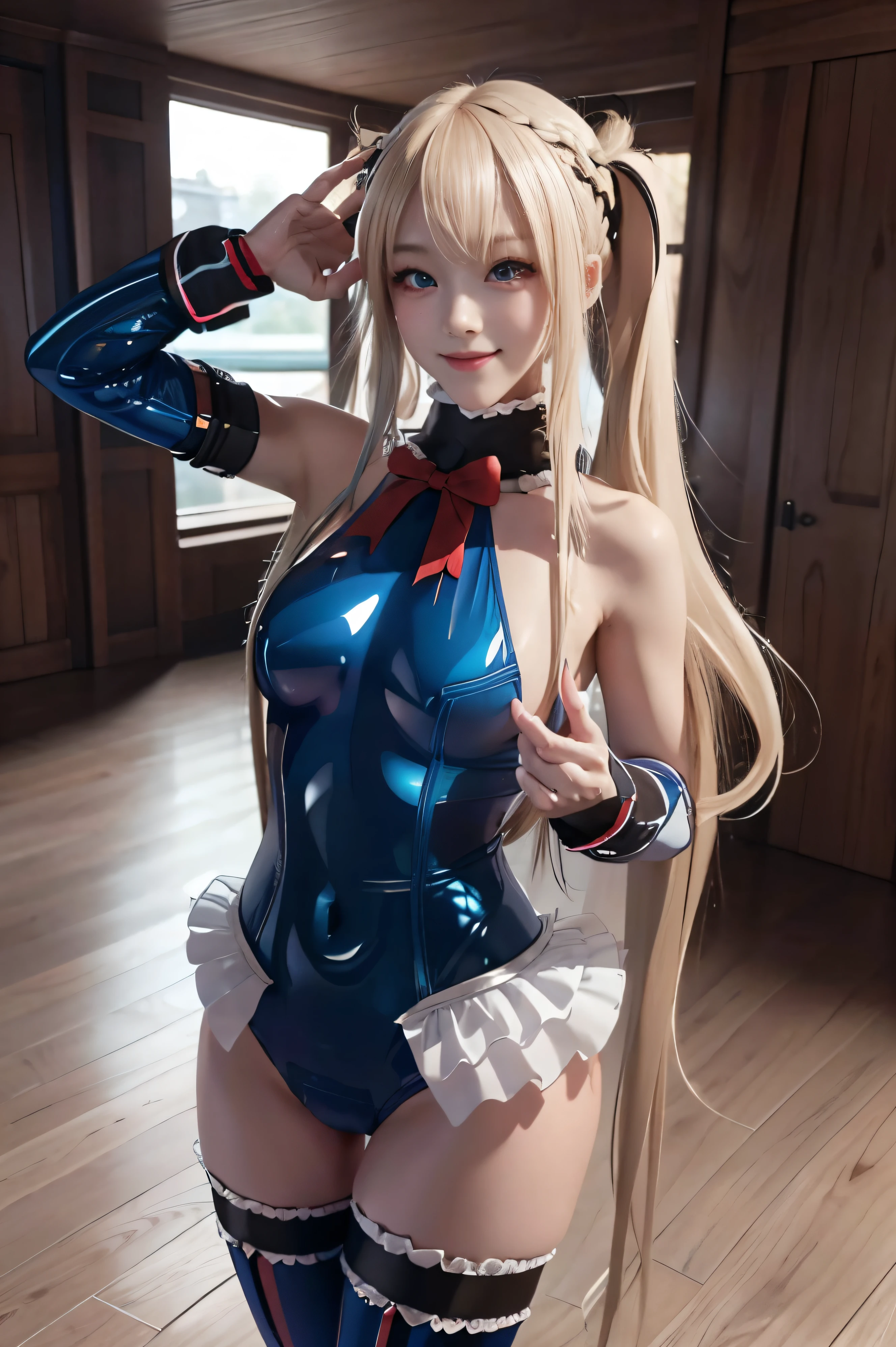 (One Girl,  blond hair, blue eyes,Double tail :1.3) (digital)  Medium Breast, (Frilled swimsuit,   thighs that stand in the background,   Detached Sleeves )) ,Marie Rose,Bust Up, ( Perfect Glowing Skin :1.3), (One Girl), ( best quality,8k, Original photo, top-quality, ​masterpiece:1.2), ( photorealistic:1.37), ( Exquisitely Drawn ), Ultra_color, (Realistic), high quality,  Ultraディテールとは, (Lifelike Skin), (intricate-detail), (dramatic_Light), (beautiful_ Details_Light),  lens flare, Ultra_color, (The Shining_particle), (bright_Dust_particle), Professonal Lighting,  photon mapping,  High Resolution , 非常に Detailsな, Lighting like a movie, (beautiful大きな目),Lightsmile:1.2, High nose筋,Shining Eyes,(s),(Perfectly balanced face),(High nose),beautiful composition,(slim),Nice hands,Perfect hands, dynamic pose 、(Glowing Skin),beautiful eyes,Cute face,(Double tail hair:1.5)、 Thin eyebrows、smile、short、fighting poses、fight、