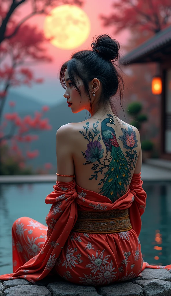 (8K, Raw photo, Highest Quality, masutepiece: 1.2), 16 K, (reality, Photorealistic: 1.3), (Sharp Focus), Official art, accurate anatomy, (Beautiful and aesthetic: 1.2), 1 girl , Cowboy Shot, ((Naked)), (beautifully designed tattoos), Facing straight behind you, with their face not visible, Perfect proportions, thin waist, Big butt, Crotch gap, thighs thighs thighs thighs, Hair Ornament, With exterior removed, Black hair, scabbard, (tattoo from back to buttocks: 1.5), flower, Holding, slutty makeup, hot onsen, Steam from the surface of the water, Smoke, Backlight, Rim lighting,