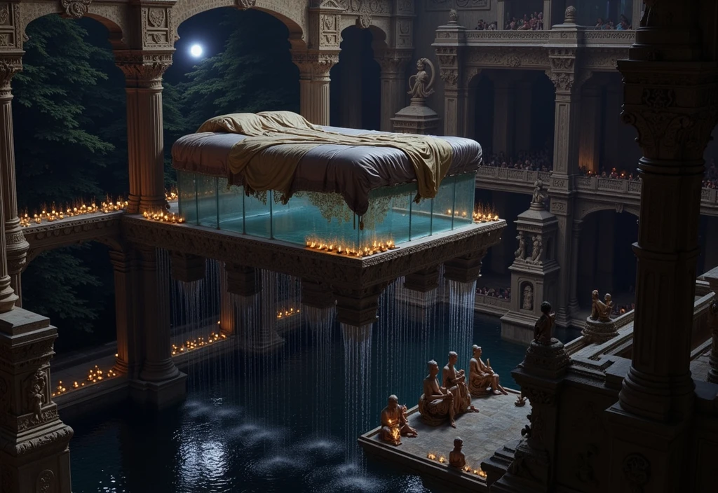 In the soft, ethereal glow of the moonlight, an ancient South Indian bathhouse reveals its grandeur, nestled deep within the heart of a massive palace. This multi-layered bathhouse, inspired by the architecture of ancient Indian stepwells, is a marvel of intricate design and serene beauty.

The upper pool, suspended high above the ground, is the centerpiece of this celestial oasis. Crafted from transparent crystal or glass, the pool glows faintly under the moonlight, its surface reflecting the stars above. Elegant pillars rise from the floor to support this upper pool, each pillar carved with ornate patterns, deities, and symbols from South Indian mythology. In the center of this pool is a luxurious bed resting on a raised stone platform, draped in delicate silks and surrounded by small floating candles. This bed, bathed in moonlight, is a tranquil haven that seems to float atop the water, inviting relaxation in this heavenly setting.

Below the upper pool lies the vast lower pool, whose edges are lined with a series of small temples and stone shrines. Surrounding the pool are graceful arched bridges that span over cascading waterfalls, the sound of rushing water filling the air with a sense of timeless peace. The waterfalls pour into the pool from multiple levels, creating an ever-flowing, vibrant scene, while fountains in the middle of the pool gently spray water into the air, their rhythmic splashes adding to the harmonious atmosphere. The pool itself is vast and serene, like a reflective mirror under the night sky.

The entire bathhouse is illuminated by hundreds of small, twinkling oil lamps, placed strategically along the carved ledges, temple walls, and floating gently on the water. These lamps glow like stars, casting a warm golden light that dances across the water's surface, creating a mystical, celestial atmosphere. The architecture, inspired by ancient Indian stepwells, showcases intricate stone carvings and deep layers of staircases leading down to the 