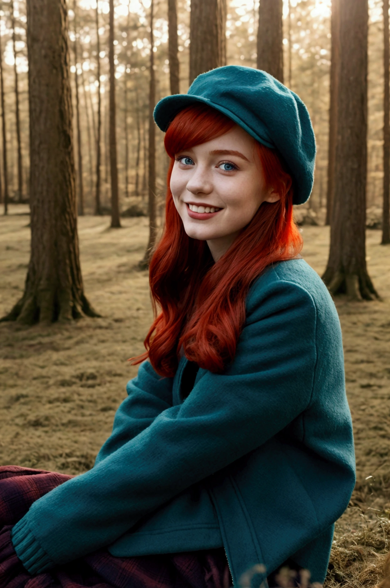 Young girl,  in the forest, 1 girl, red hair, closed parade, CAP, square hairstyle, Blue eyes, mystical mood,   Looking at the viewer, Smile, flirting,long sleeves, warm clothes, winter jacket women sitting on the grass, rest, calm poce, fantasy 




