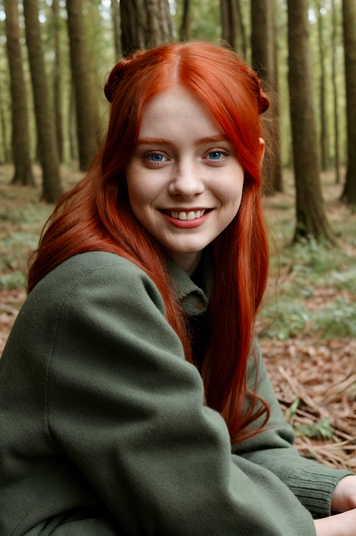 Young girl,  in the forest, 1 girl, red hair, closed parade, CAP, square hairstyle, Blue eyes, mystical mood,   Looking at the viewer, Smile, flirting,long sleeves, warm clothes, winter jacket women sitting on the grass, rest, calm poce, fantasy 




