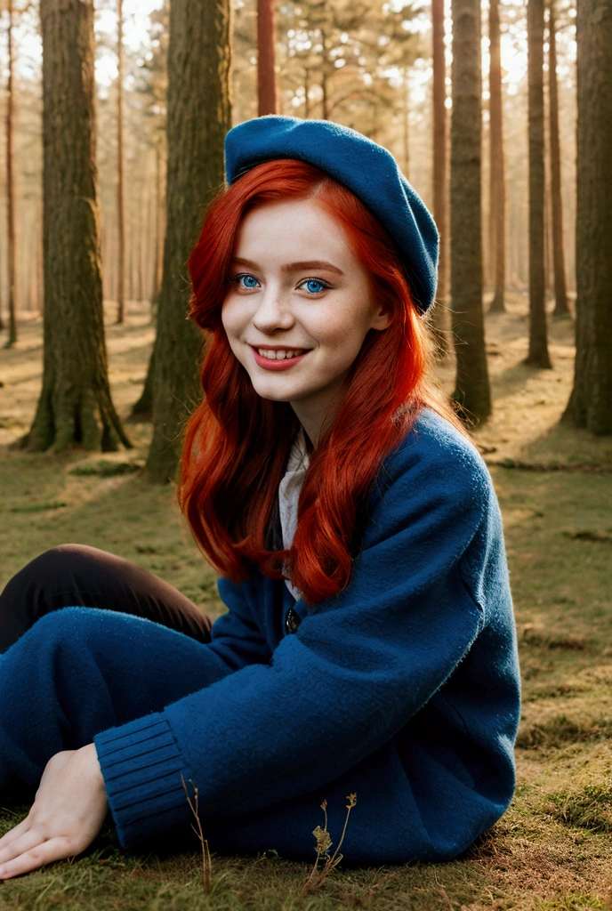 Young girl,  in the forest, 1 girl, red hair, closed parade, CAP, square hairstyle, Blue eyes, mystical mood,   Looking at the viewer, Smile, flirting,long sleeves, warm clothes, winter jacket women sitting on the grass, rest, calm poce, fantasy 




