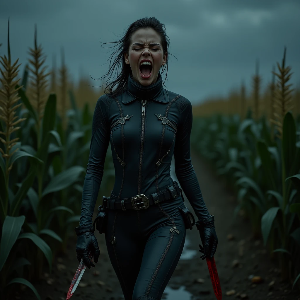 A beautiful woman with long black hair wearing a leather jumpsuit Captain America costume kneeling screaming exhausted after an extensive battle blood around her reflection of her in her blood apocalyptic city cars and buildings on fire Marvel Studios logo