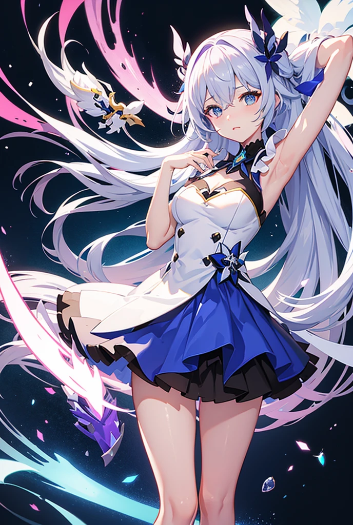 There are lots of animal cats、The girl is playing with the cat、Crystal clear light blue hair、Her hair is gradated and white from the hairline to the middle.、Hair length is up to the knees、A shiny, light blue sailor suit、The hair ornament is glittering gold.、Silver hair ornament、She has big breasts、Adult face、