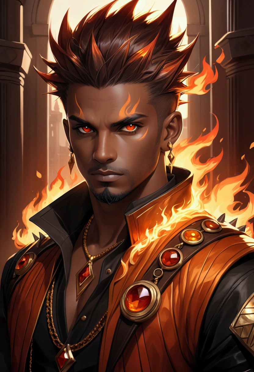 flmngprsn flames, epic fantasy preteen african boy elementalist burning, epic (photo, studio lighting, hard light, sony a7, 50 mm, hyperrealistic, big depth of field, mate skin, pores, wrinkles, concept art, colors, hyperdetailed, hyperrealistic)