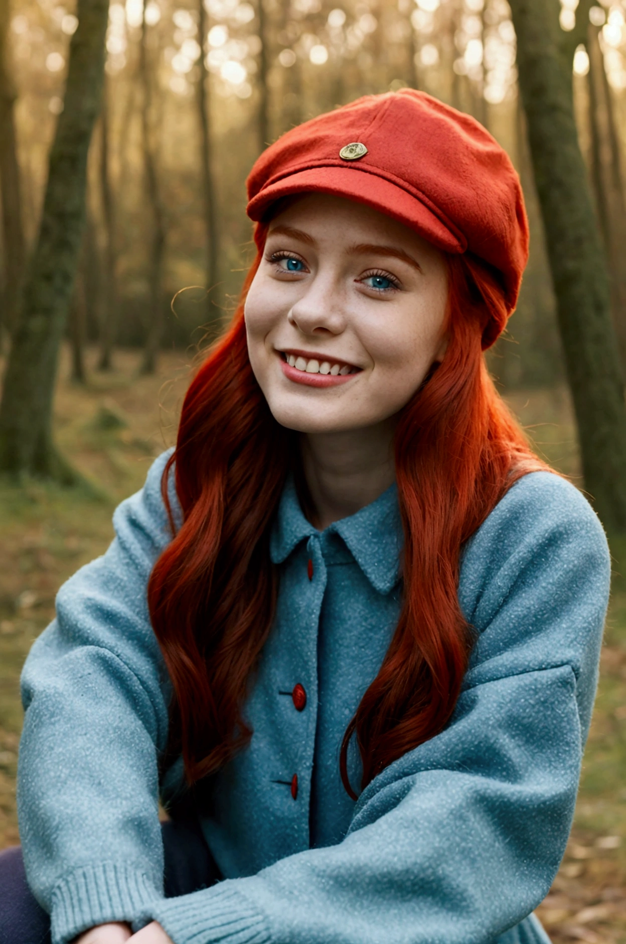 Young girl,  in the forest, 1 girl, red hair, closed parade, CAP, square hairstyle, Blue eyes, mystical mood,   Looking at the viewer, Smile, flirting,long sleeves, warm clothes, winter jacket women sitting on the grass, rest, calm poce, fantasy 




