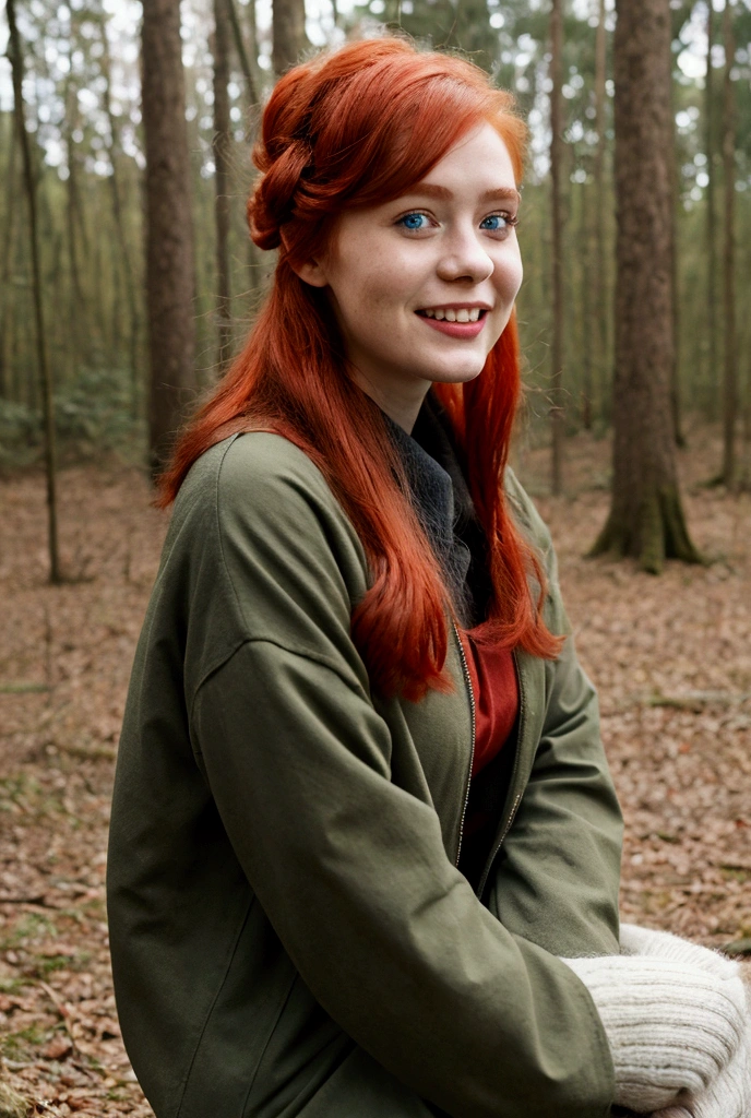 Young girl,  in the forest, 1 girl, red hair, closed parade, CAP, square hairstyle, Blue eyes, mystical mood,   Looking at the viewer, Smile, flirting,long sleeves, warm clothes, winter jacket women sitting on the grass, rest, calm poce, fantasy 




