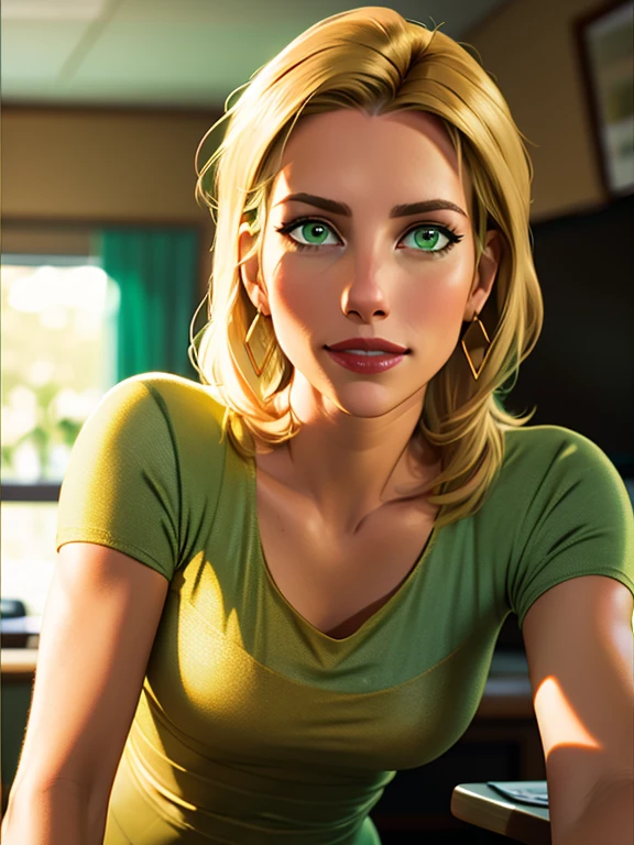 (best quality, 8k, ultra-detailed, realistic:1.37) BREAK alluring 36-years-old woman, standing at approximately 5'1" tall, ((slim, petite)), ((Hourglass figure)), medium breasts, tan olive skin, long blonde hair, ((green eyes:1.3)), eyeshadow, mascara, red lipstick, BREAK ((Wearing a yellow top, golden bracelets, golden earrings, and tight shiny black leggings)) BREAK She's a sports host, sitting behind a desk, she's looking at the camera with a charming smile BREAK indoors, TV news station, she’s hosting a football game
