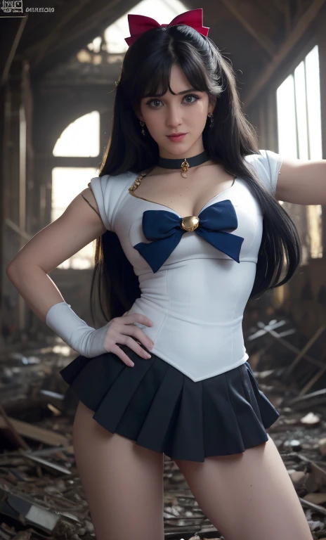 masterpiece, best quality, highres, venus1, 1girl, solo, sailor senshi uniform, sailor venus, aino minako, black hair, magical girl, blue eyes, black skirt, black elbow gloves, tiara, sexy mini pleated skirt, hair bow, black sailor collar, miniskirt, choker, red bow, black choker, black gloves, very long hair,  jewelry,  earrings, cowboy shot, smile,,More detailed 8K.motor irreal:1.4,UHD,La mejor calidad:1.4, fotorrealista:1.4, textura de la piel:1.4, obra maestra:1.8,obra-prima, mejor calidad,objeto Objeto], (detailed face features:1.3),(manos detailed:1.4),(fondo apocalyptic destroyed city:1.4)