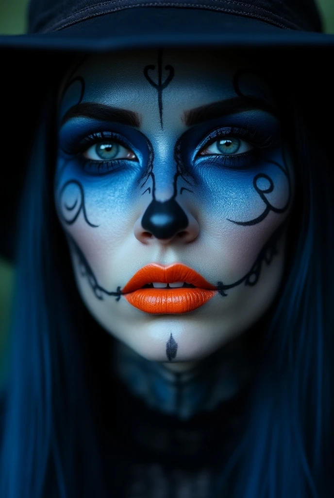 1 girl, black hair, hair tied into a ponytail, sexy zombie costume, makeup, Blue eyes