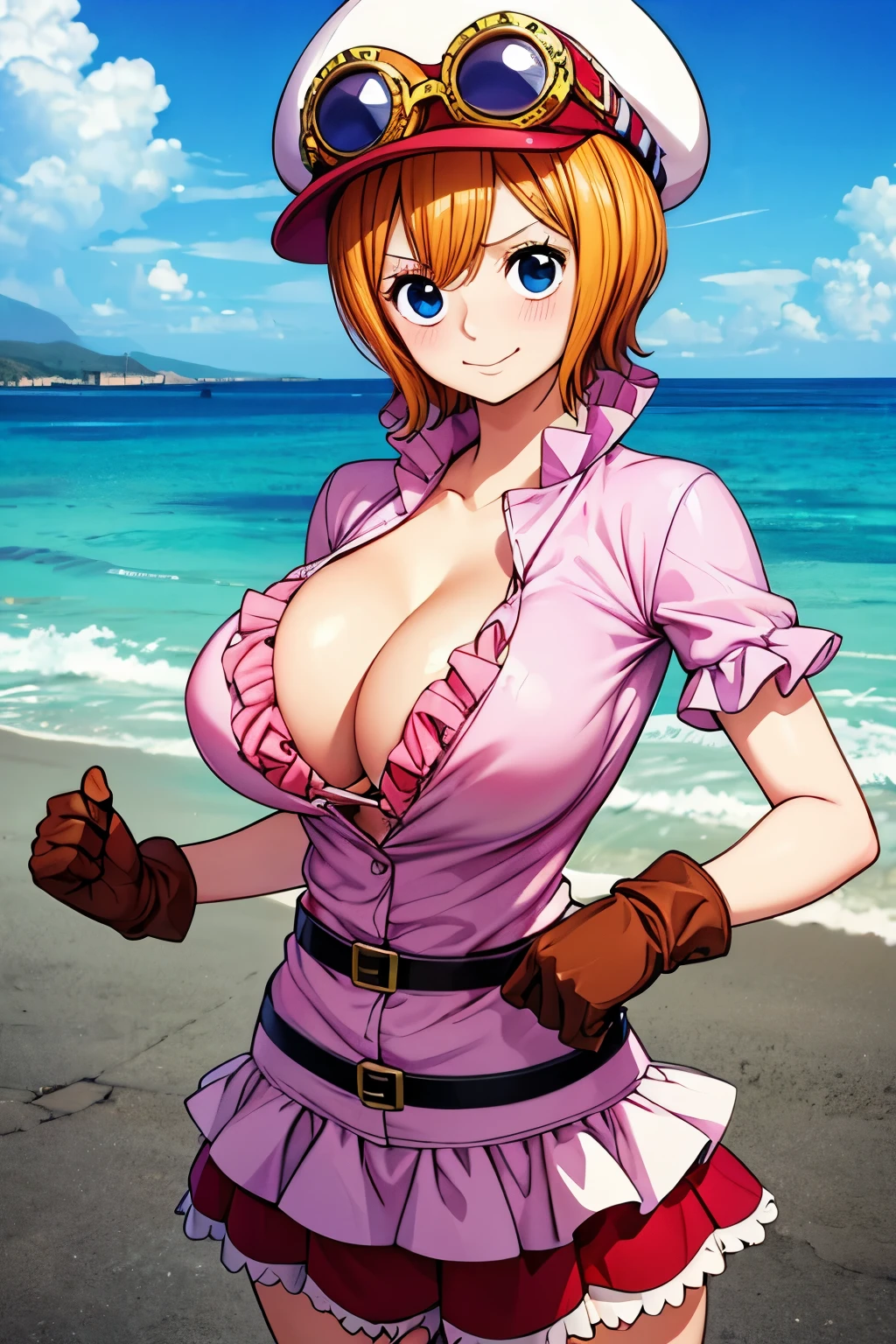 master piece, best quality, 8k, ultra high resolution, highest quality, anime style, best writing, beautiful face, masterpiece、high resolution、Super detailed、koala \(one piece\)、hat、Cabbie hat、Hat and goggles、short hair、blue eyes、big breasts、shirt、Frill shirt、pink shirt、gloves、brown gloves、belt、skirt、Red skirt、Frill skirt、outdoor, deserted island, There are a few private houses、(upper body:1.3)、best smile、blush, (fighting pose:1.3) Mature, Massive breasts, huge tits, big boobs, perfect body, sexy pose, stockings, Bikini, big body, pussy