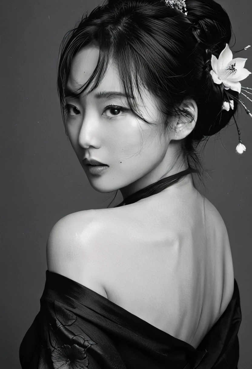 masterpiece, top quality, best quality, official art, beautiful and aesthetic:1.2),1girl, tattoo, solo, beautiful black and white geisha portrait, Japanese geisha erotica,  medium format, japanese clothes, red and black kimono, hair ornament, unsheathing, black hair, sheath, back tattoo, dragon tattoo, blue eyes, off shoulder, bare shoulders, looking back, from behind, flower, looking at viewer, holding, makeup, beautifully dangerous, geisha cyborg cyberpunk assassin, digital analog texture overlay, erotic black and white fetish photography by the “VIVO collective, erotic fetish photography high contrast photojournalism and avant garde black and white photorealism, japonism, underground japanese fashion influences surreal monochrome black and white photography by “Eikoh hosoe kikuji kawada, ikko narahara, akira sato, akira tanno and Irving penn, creative photographic fusion and cinematic surreal by Sam Haskins, Robert Mapplethorpe, Helmet Newton, Nobuyoshi Araki and shomei tomatsu”, shot using white Rollei film stock, rich blacks, dark glamour, enigmatic Playful + Provocative + Provocateaur, elegant and provocative, stylish, ((perfect anatomy, perfect hands, perfect face, perfect eyes, immaculate body and mouth, poetic symmetry, stunning composition, epic black and white photography, interesting and “subtle revealing” details, perfect symmetry, bold and daring, glamorous black and white, silvertone grunge texture overlay,(photogravure), art photography, post photography, studiobox lightingundefined, undefined, undefined, undefined, 