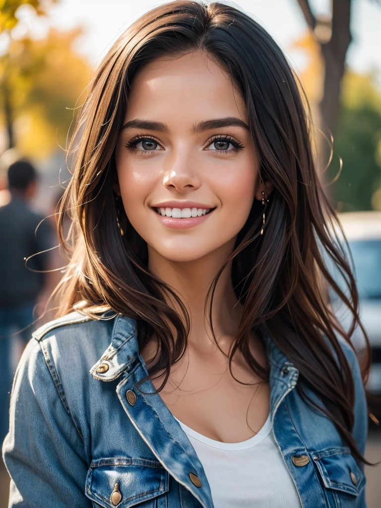 a beautiful natural girl next door in a simple t-shirt and jacket, (happy excited smile), jeans, photoreal, hyperrealism, best quality, (natural skin texture, extremely detailed face), masterpiece, sharp focus, absurd res, by arny freytagDetalle, Detalles altos, Calidad, UHD, Detalle, Modelo HD, Alta resolución, Obra maestra, 8k.