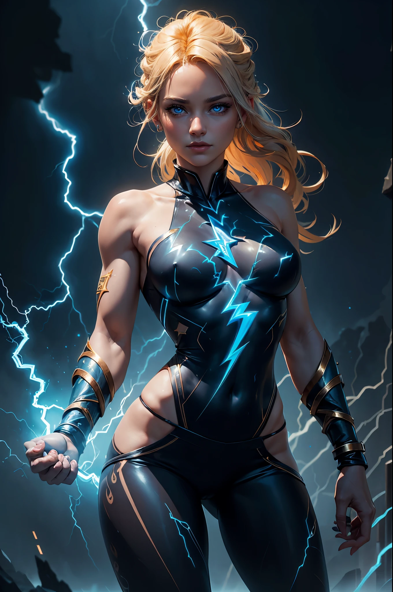 masterpiece, Cowboy shot, (1woman), (golden hairs), (Black tshirt:1.2), (beautiful blue seductive eyes), (tribal tattoo on hands), White, Orange and Blue colors, Foggy background, Graceful pose, (looking at viewer), (front view), (from sky), (bokeh:1.2),(lightning power,thunder power,lightning aound her hands,thunder around her hand,lightning in eyes,thunder in eyes,goddess of thunder,goddess,goddesson thunder)