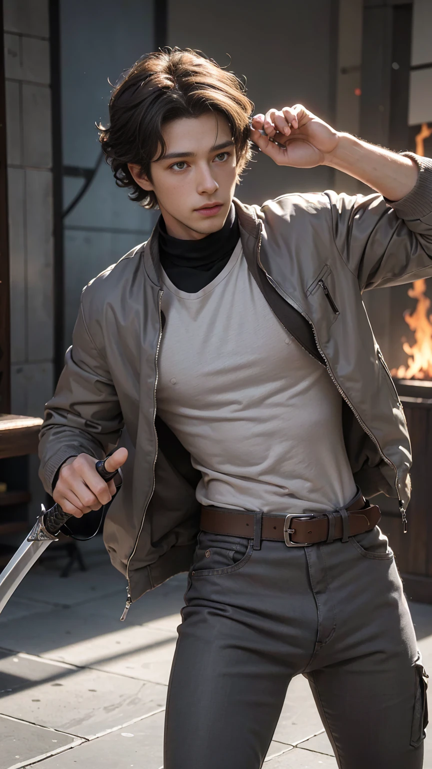 Brown haired boy with a gun in his hand ANIME