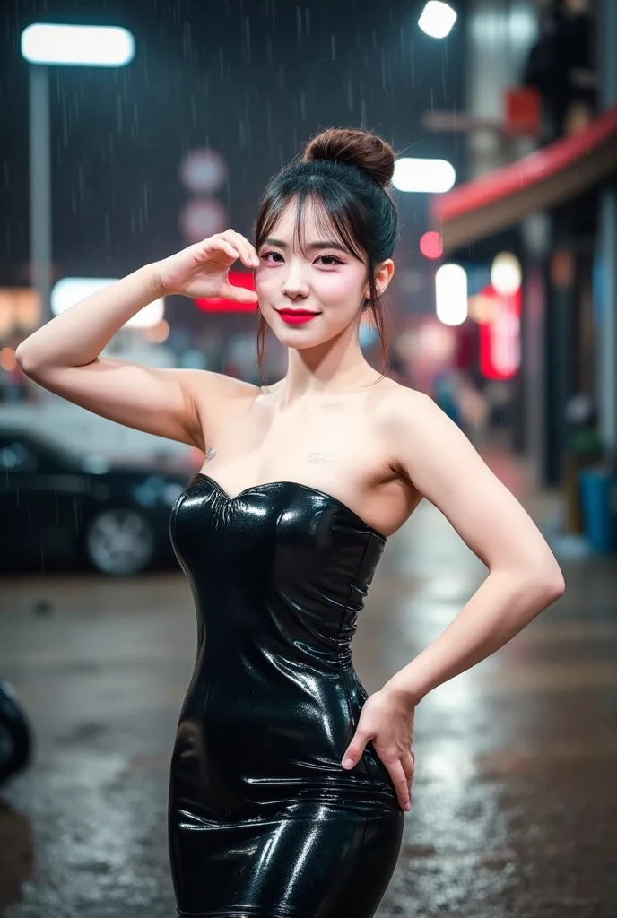 ((best quality, 8k, masterpiece:1.3)), focus: 1.2, perfect body beautiful: 1.4, buttocks: 1.2, ((layered hairstyle, : 1.2)), (wet clothes: 1.1) , (rain, street:1.3), tube top dress: 1.1, Highly detailed face and skin textures, exquisite eyes, double eyelids, skin whitening, long hair