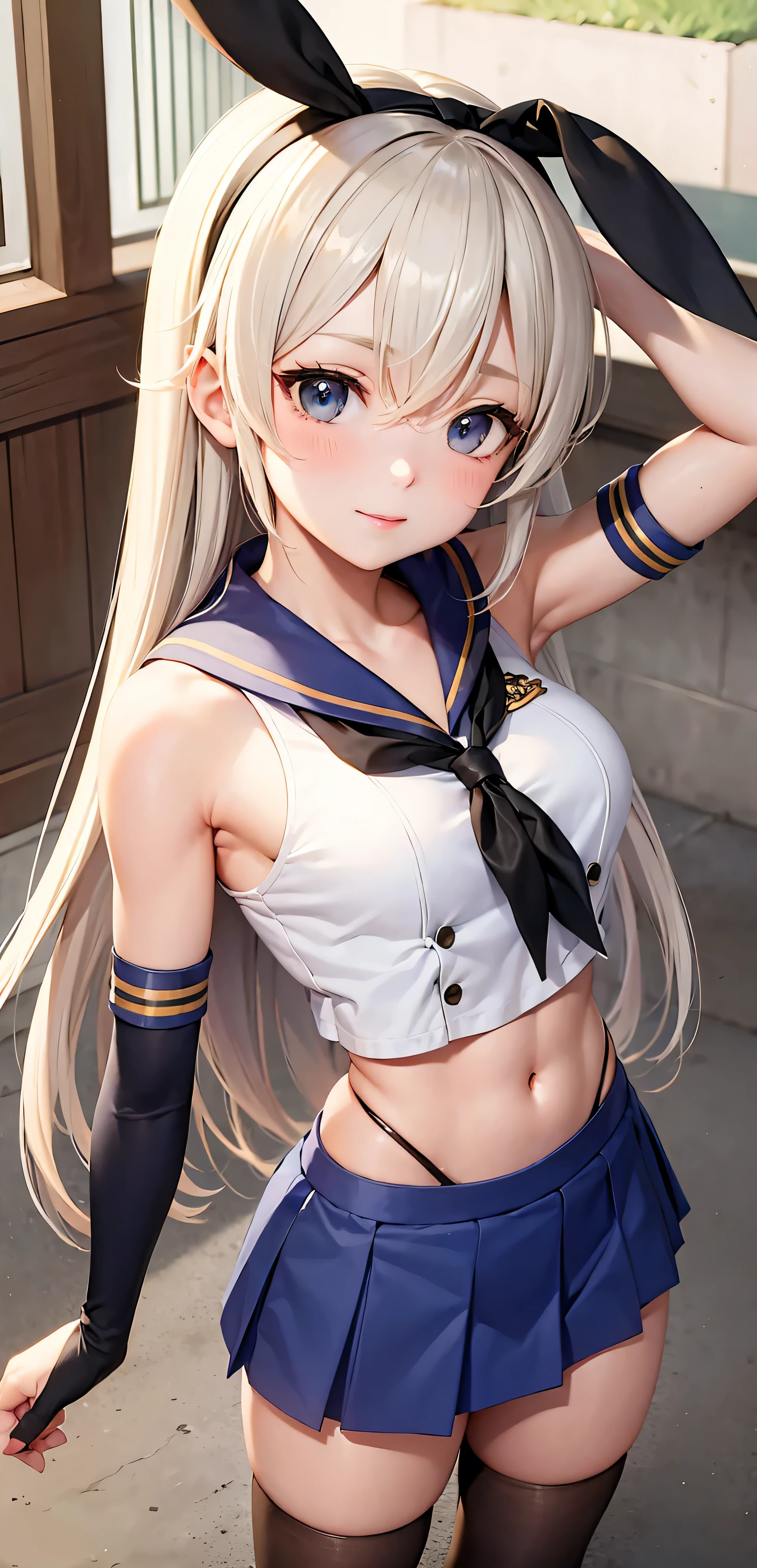 (masterpiece,  best quality:1.2),figure,8k, High Resolution , 1 girl,Alone, upper body,(Portrait:1.2),length_hair,blonde_hair,elbow_gloves, underwear,Striped_Thigh length,white_gloves,smile,belly button,yellow eye, high leg_panties,black_panties,anchor_hair_ ornament, high leg,,School_uniform,crop_top,Sailor_ color,hairband,hair_ ornament,Seraph,miniskirt,Pleats_skirt,green_skirt, sleeveless,Naked_shoulder,hair_between_eye,gray_shoes,microskirt,abdomen,  neckerchief , colorbone,Conceit,  thin waist,  slim waist , Healthy Body, Fitted legs,  toned legs , [ toned arms , Fitted Arms, fit abdomen, toned abdomen, Large Breasts, Huge breasts, Big Breasts, 筋肉質のabdomen, Muscular arms, black panties, Six Pack, Clevis