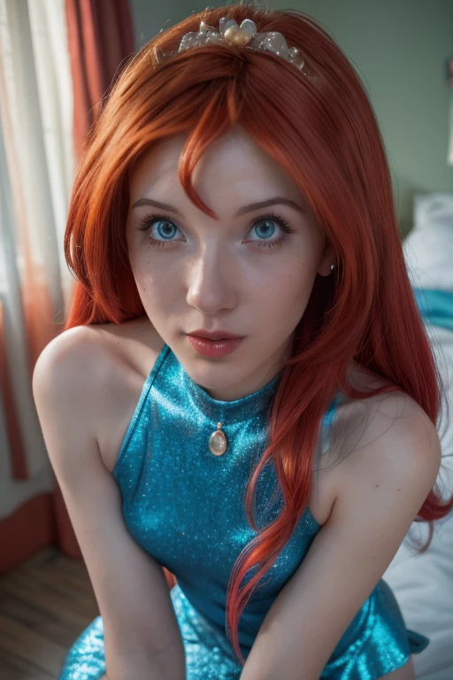 professional photo of Bloom, Fairy Outfit, red hair, blue croptop, sleeveless, blue skirt, sparkling clothing, wings, tiara, looking at viewer,
detailed skin, detailed eyes, finely detailed hair,
volumetric light, highrez, masterpiece, best quality,Bloom (Winx), in bedroom, vegina, adult photo, vegina, pussi,🍑
