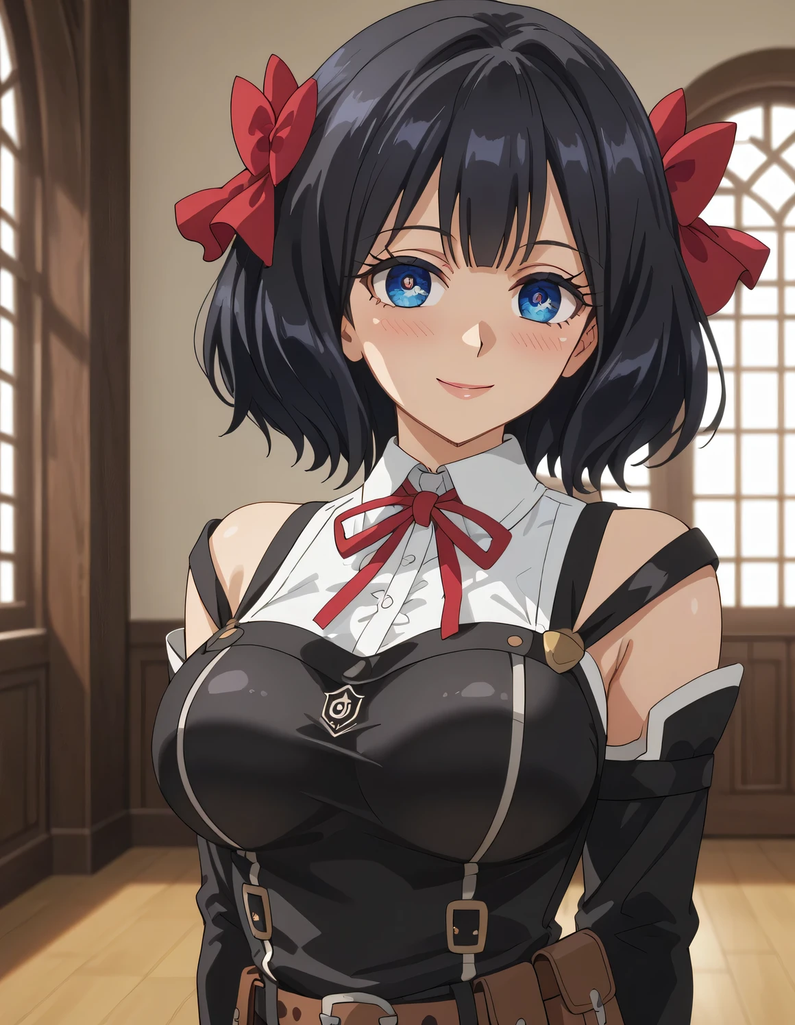 TinoShade,(medium hair),black hair,(blue eyes),hair bow,red bow,score_7_up, anime screencap,smile,blush,white shirt,collared shirt,neck ribbon,red ribbon,harness,grey dress,black dress,detached sleeves,brown belt,belt pouch,indoor room,(large breasts:1.55),(shiny hair),((solo)),((masterpiece)),((best quality)),perfect anatomy,slim waist,perfect image,8k UHD,(beautiful detailed eyes:1.5),extremely detailed face,standing,(upper body:1.2),(look at the front:1.5),ultra-detailed,absurdres,ultra-highres,arms behind back,