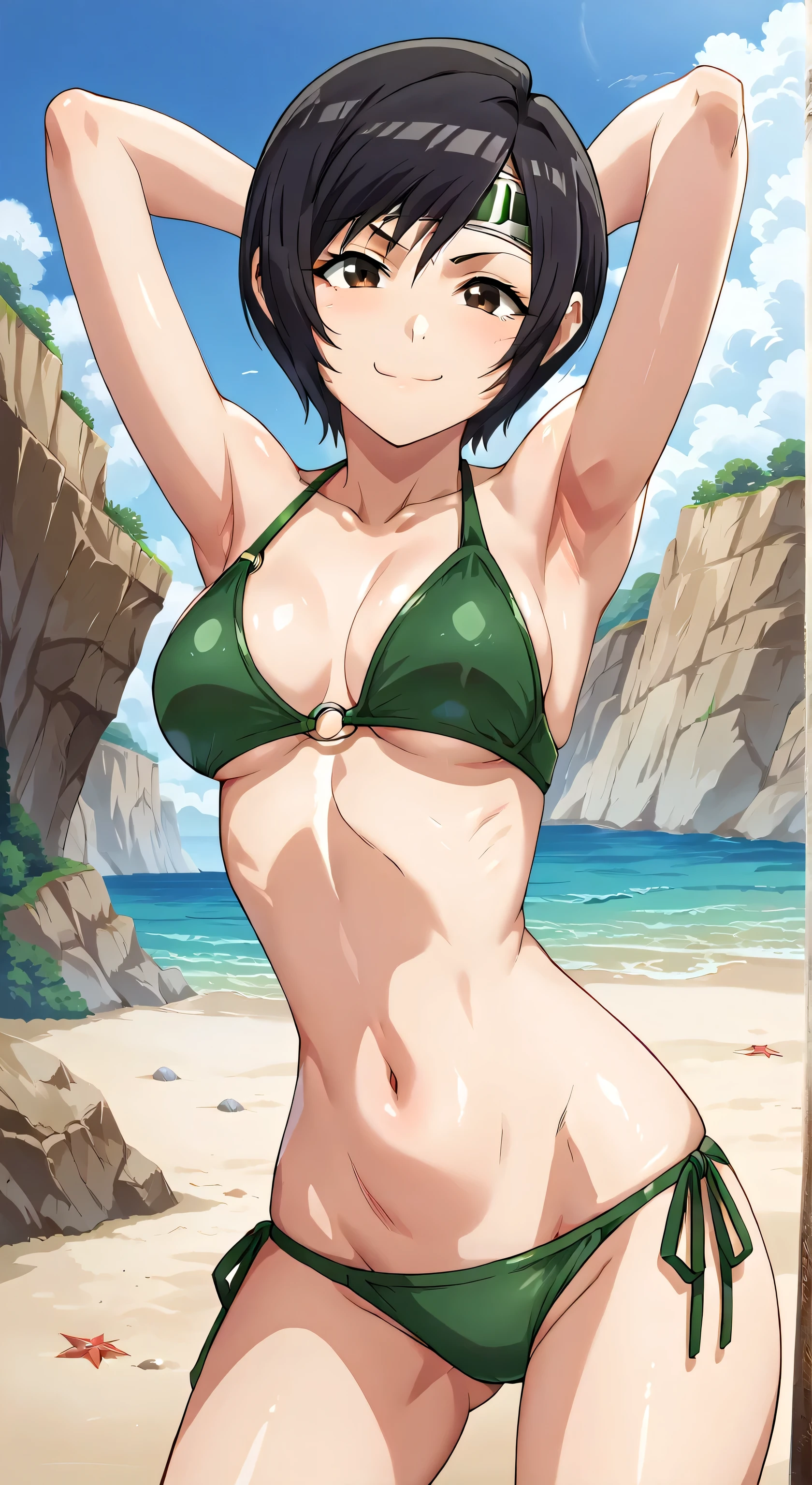 score_9, score_8_up, score_7_up, source_anime, anime screencap, 1girl, solo, outdoors, day, beach, Yuffie Kisaragi, breasts, short hair, black hair, brown eyes, bikini, side tie bikini, thighs, looking at viewer, head towards viewer, arms up, raised arms, armpits, smile, smug, closed mouth,