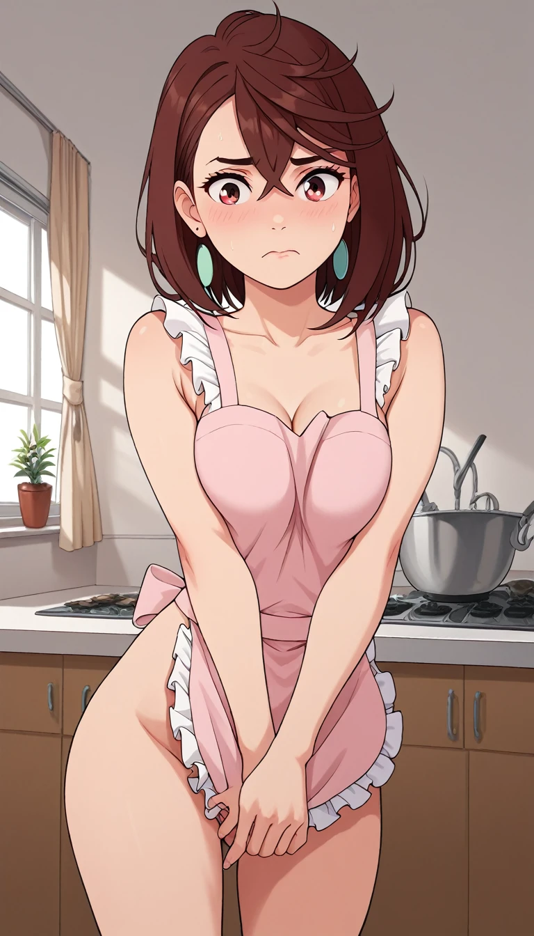 ayase_wz, medium hair, brown hair, brown eyes, medium breasts, posing embarrassed, red face, nude, Suspender Naked Apron, BlushySpicy