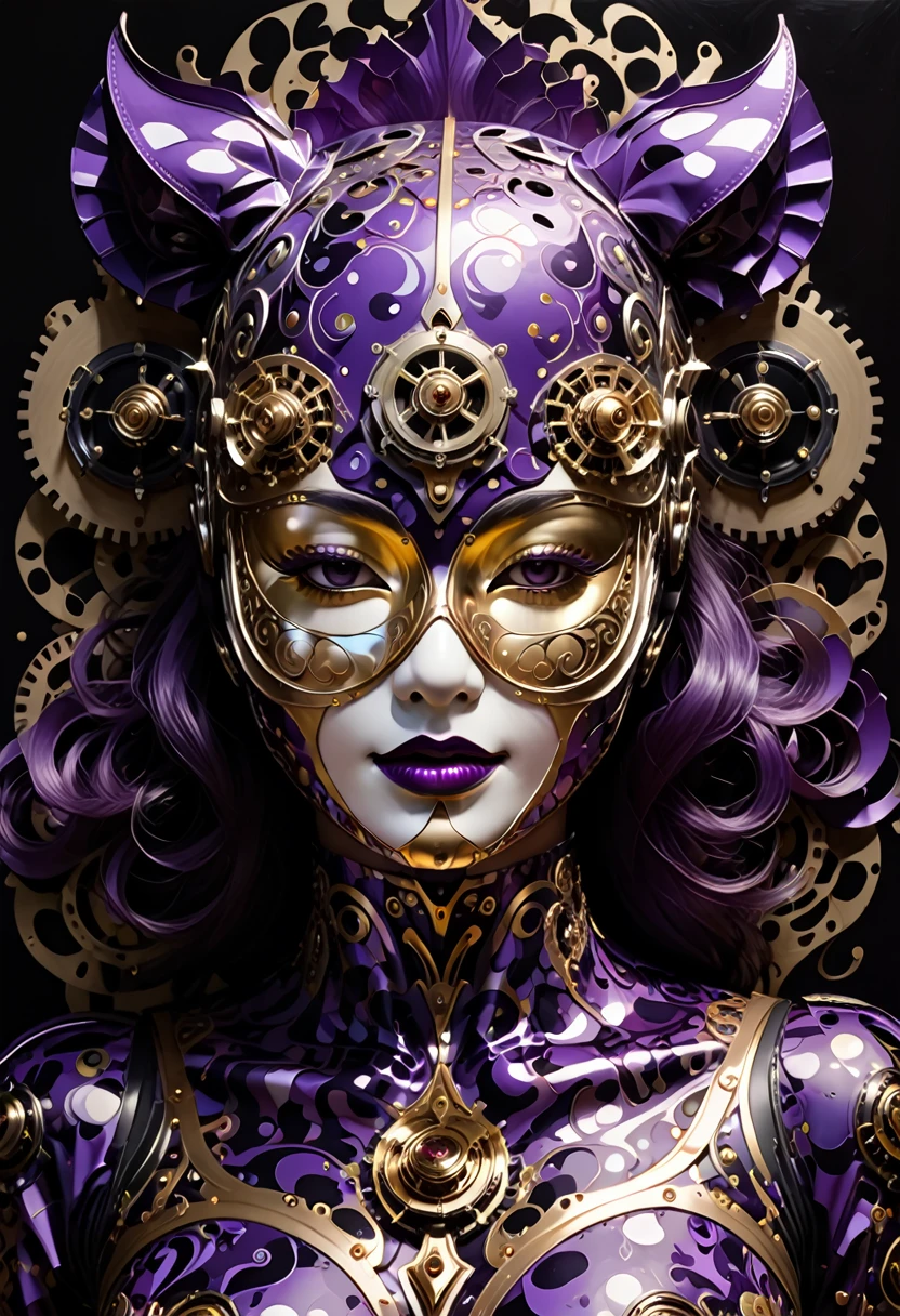 Folded paper artwork collage mixing glossy purple, gold, and silver foil textures, abstract fractal designs inspired by Commedia dell'arte and Venetian masks, echoing the styles of Philippe Vignal and Takato Yamamoto, juxtaposes allure with unease, neon glow illuminating the scene, intertwined with abstract black oil brushstrokes, mechanical gears with a mecha aesthetic, painted with meticulous. High Resolution, High Quality, Masterpiece